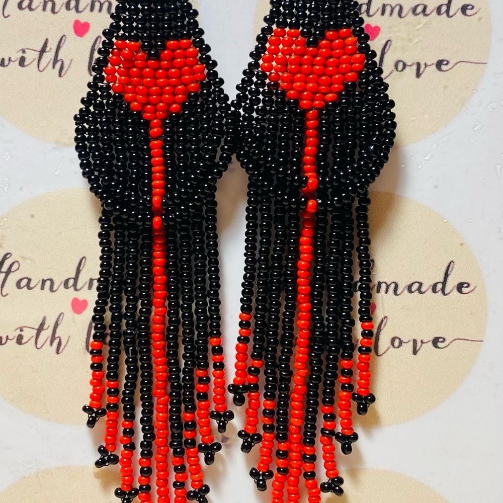 Handmade Beaded Heart Earrings - Black and Red